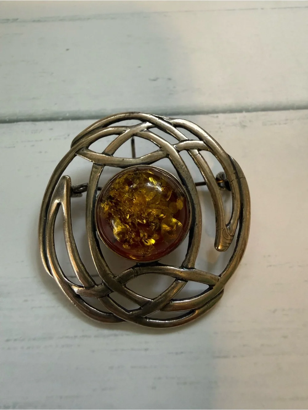 Amber Silver-Tone Celtic Brooch - Amber Yellow